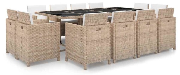13 részes bézs polyrattan kültéri étkezőszett párnákkal