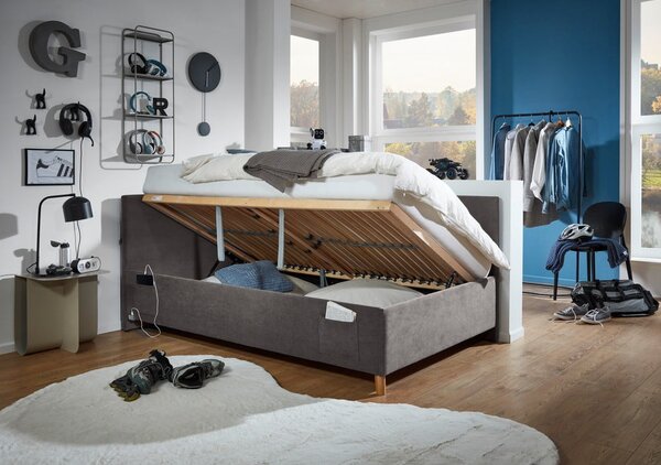 Antracitszürke kárpitozott ágyneműtartós sarok gyerekágy ágyráccsal 90x200 cm Cool – Meise Möbel