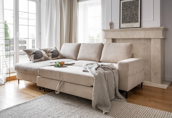 Bézs kordbársony kinyitható sarokkanapé (bal oldali) Lofty Lilly – Miuform