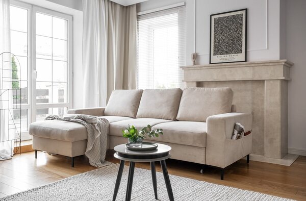 Bézs kordbársony kinyitható sarokkanapé (bal oldali) Lofty Lilly – Miuform