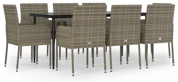 9 részes fekete és szürke polyrattan kerti étkezőszett párnával