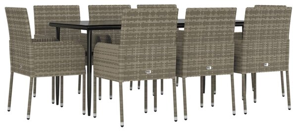 9 részes fekete és szürke polyrattan kerti étkezőszett párnával