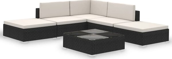 6-részes fekete polyrattan kerti bútorszett párnákkal