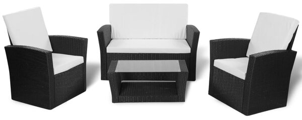 4-részes fekete polyrattan kerti bútorszett párnákkal