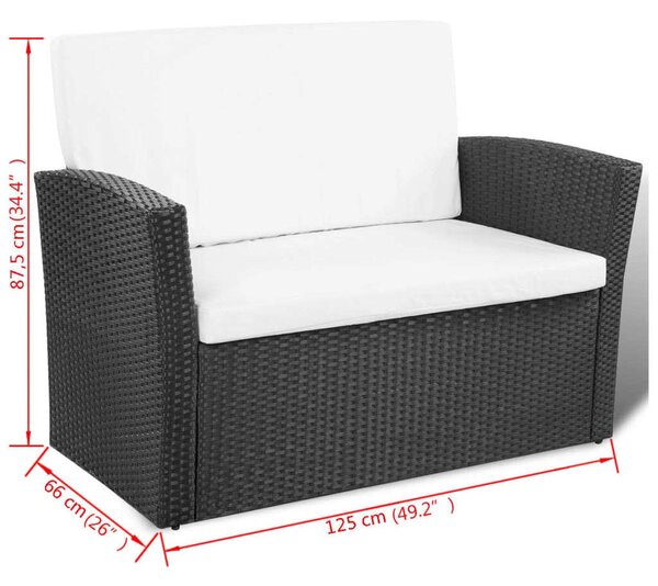 4-részes fekete polyrattan kerti bútorszett párnákkal
