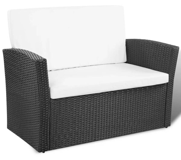 4-részes fekete polyrattan kerti bútorszett párnákkal