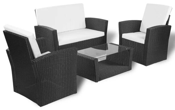 4-részes fekete polyrattan kerti bútorszett párnákkal