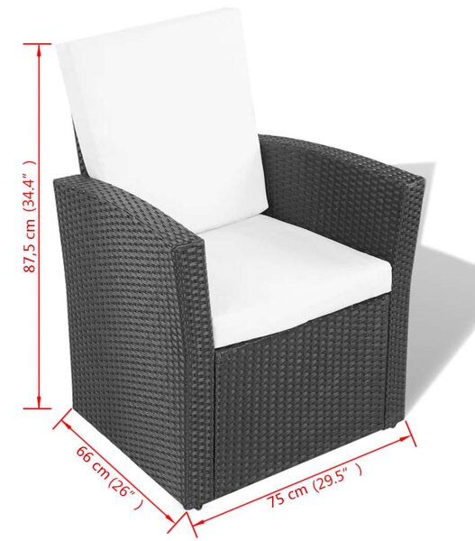 4-részes fekete polyrattan kerti bútorszett párnákkal