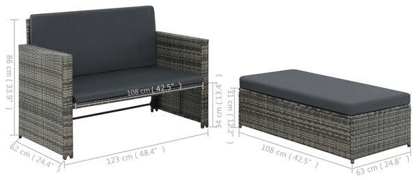 2-részes szürke polyrattan kerti bútorszett párnákkal