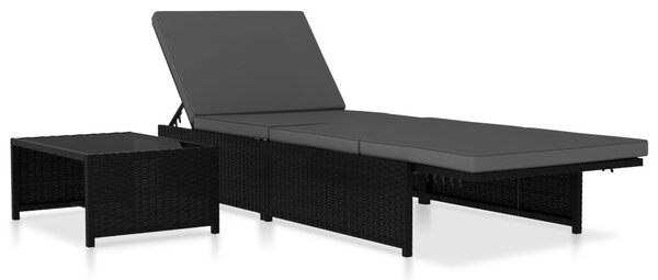 2 db fekete polyrattan dönthető kerti szék asztallal