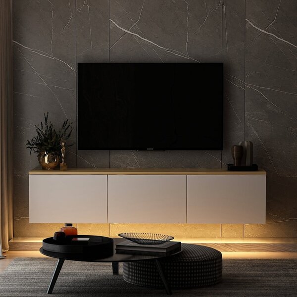 Fehér-natúr színű TV-állvány tölgyfa dekorral 160x35x32 cm Neon – Kalune Design