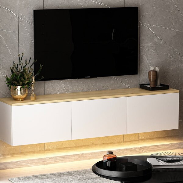 Fehér-natúr színű TV-állvány tölgyfa dekorral 160x35x32 cm Neon – Kalune Design