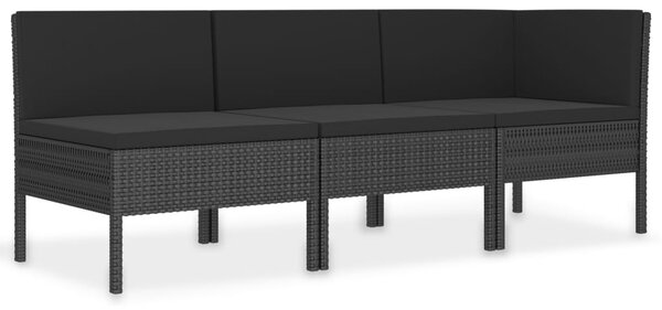 3 részes fekete polyrattan kerti bútorszett párnákkal