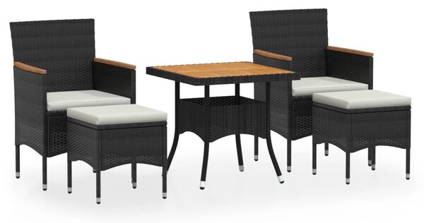 5 részes fekete polyrattan/tömör akácfa kerti étkezőgarnitúra