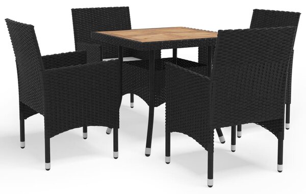 5 részes fekete polyrattan és akácfa kerti étkezőgarnitúra