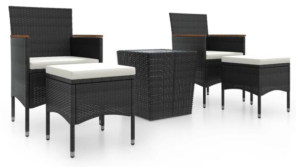 5 részes fekete polyrattan és edzett üveg kerti bisztrószett