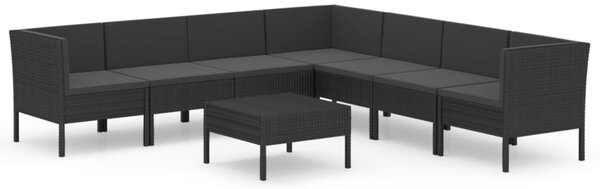 8 részes fekete polyrattan kerti ülőgarnitúra párnákkal
