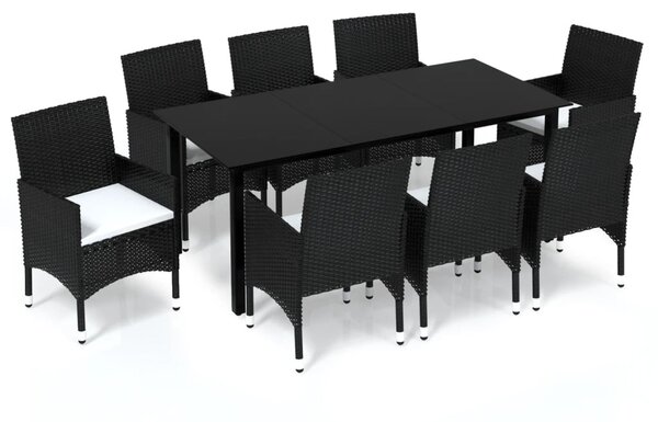 9 részes fekete polyrattan kerti étkezőgarnitúra párnákkal