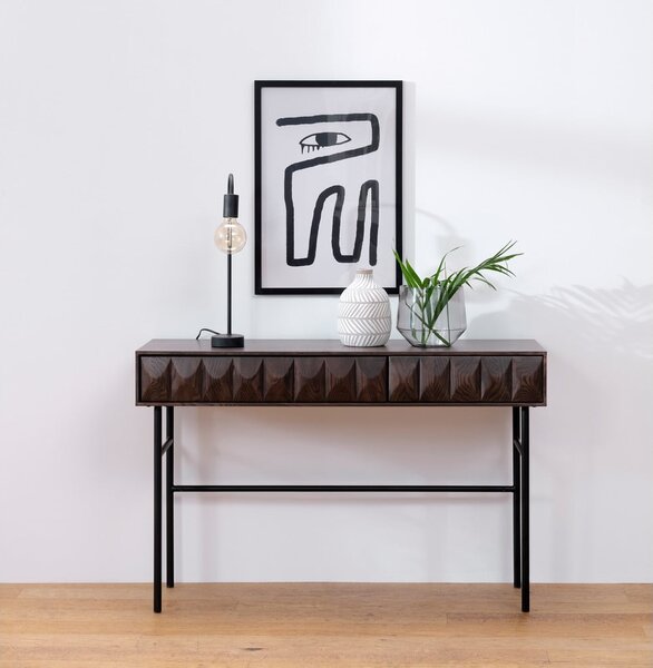 Sötétbarna konzolasztal tölgyfa dekoros asztallappal 39x117 cm Latina – Unique Furniture