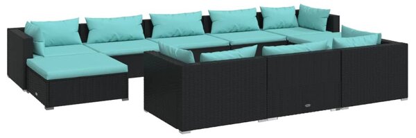 10 részes fekete polyrattan kerti ülőgarnitúra párnákkal