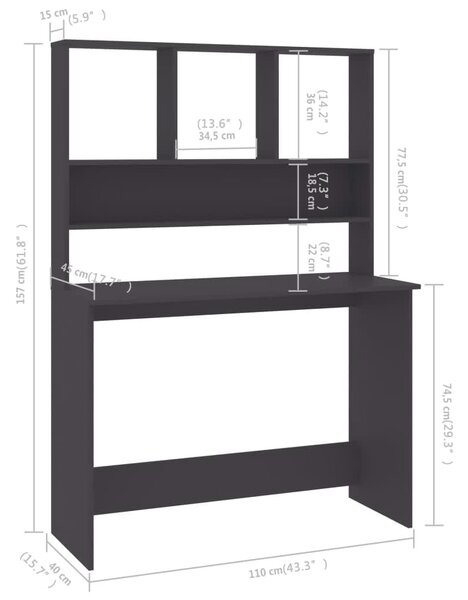 Szürke forgácslap íróasztal polcokkal 110 x 45 x 157 cm