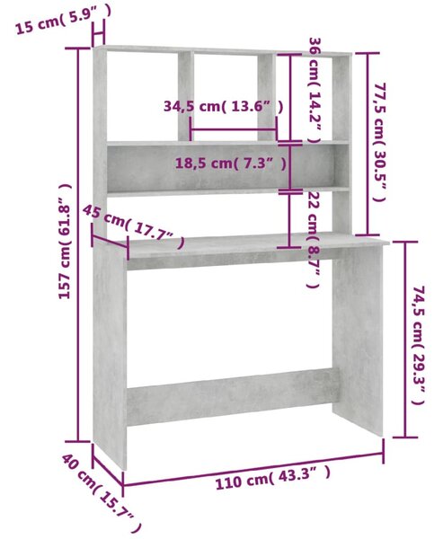 Betonszürke forgácslap íróasztal polcokkal 110 x 45 x 157 cm