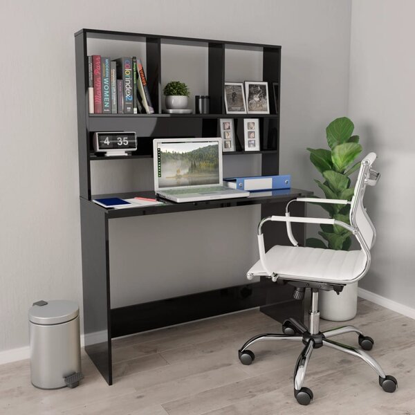 Magasfényű fekete forgácslap íróasztal polcokkal 110x45x157 cm