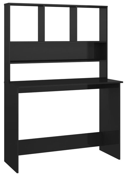 Magasfényű fekete forgácslap íróasztal polcokkal 110x45x157 cm