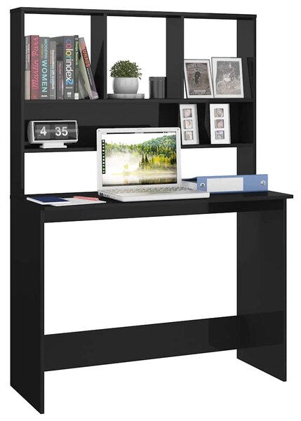 Magasfényű fekete forgácslap íróasztal polcokkal 110x45x157 cm
