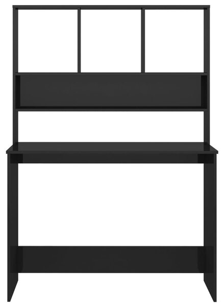 Magasfényű fekete forgácslap íróasztal polcokkal 110x45x157 cm