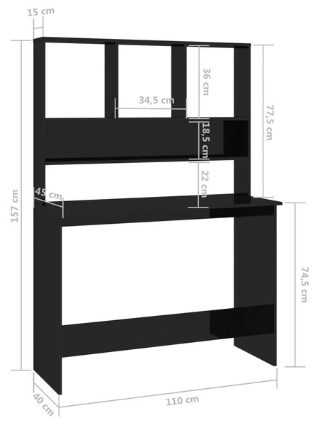 Magasfényű fekete forgácslap íróasztal polcokkal 110x45x157 cm
