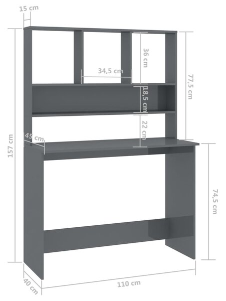 Magasfényű szürke forgácslap íróasztal polcokkal 110x45x157 cm