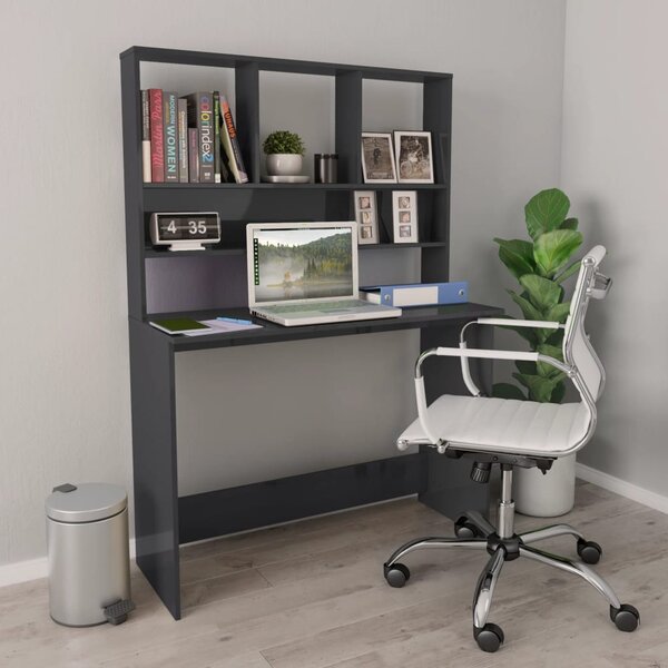 Magasfényű szürke forgácslap íróasztal polcokkal 110x45x157 cm