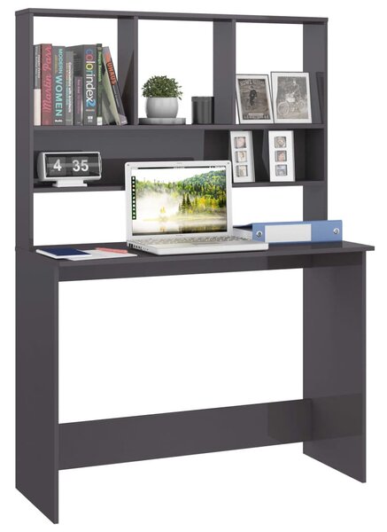 Magasfényű szürke forgácslap íróasztal polcokkal 110x45x157 cm