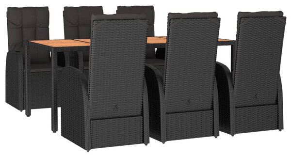 7 részes fekete polyrattan kerti étkezőgarnitúra párnával