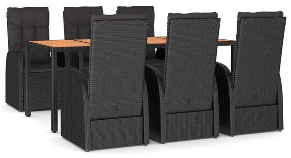 7 részes fekete polyrattan kerti étkezőgarnitúra párnával