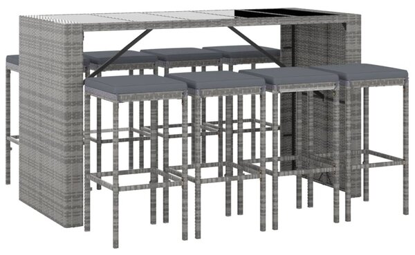9 részes szürke polyrattan kerti bárszett párnával