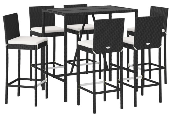 7 részes fekete polyrattan kerti bárszett párnákkal