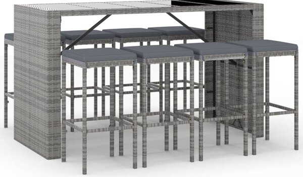 9 részes szürke polyrattan kerti bárszett párnával