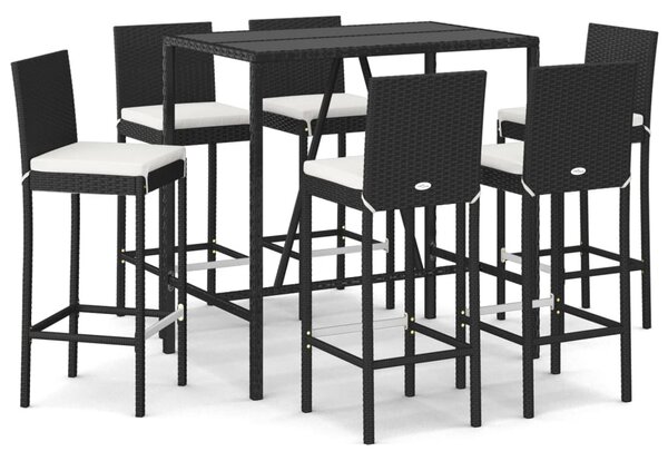 7 részes fekete polyrattan kerti bárszett párnákkal