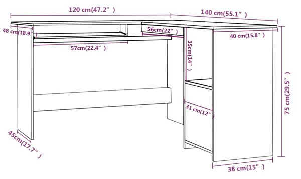 Magasfényű fekete forgácslap L-alakú íróasztal 120x140x75 cm