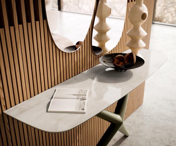 DELIFE Konzolasztal Edge hajóformájú 140x40 cm kerámia ónix pezsgő Estelo fém titán színű effekt finish