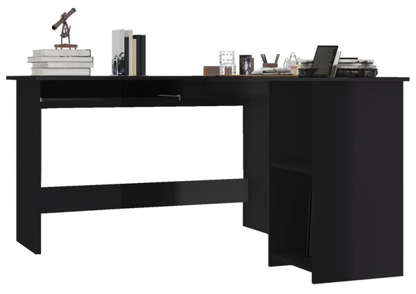 Magasfényű fekete forgácslap L-alakú íróasztal 120x140x75 cm