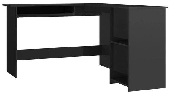 Magasfényű fekete forgácslap L-alakú íróasztal 120x140x75 cm