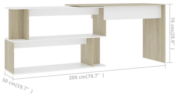 Fehér-sonoma színű szerelt fa sarokasztal 200 x 50 x 76 cm