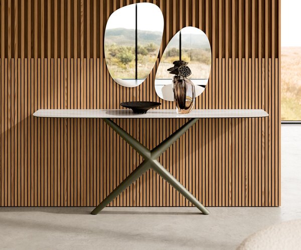 DELIFE Konzolasztal Edge hajóformájú 180x40 cm kerámia onyx pezsgő Estelo fém titán színű hatású