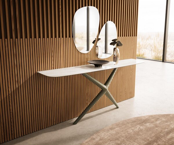 DELIFE Konzolasztal Edge hajóformájú 180x40 cm kerámia onyx pezsgő Estelo fém titán színű hatású