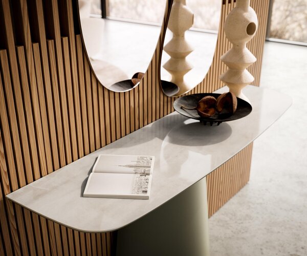 DELIFE Konzolasztal Edge hajóformájú 140x40 cm kerámia ónix pezsgő Conos fém titán színű effektfinish