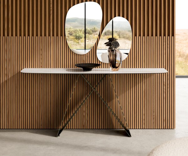 DELIFE Konzolasztal Edge hajóformájú 180x40 cm kerámia ónix pezsgő Velio fém titán színű effektfinish