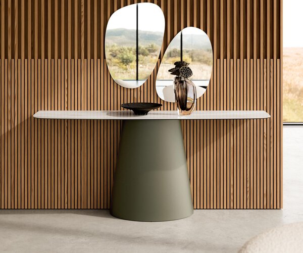 DELIFE Konzolasztal Edge hajóformájú 180x40 cm kerámia ónix pezsgő Conos fém titán színű effekt finish